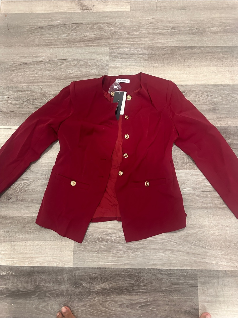 Elegant Collarless Red Blazer with Gold Buttons